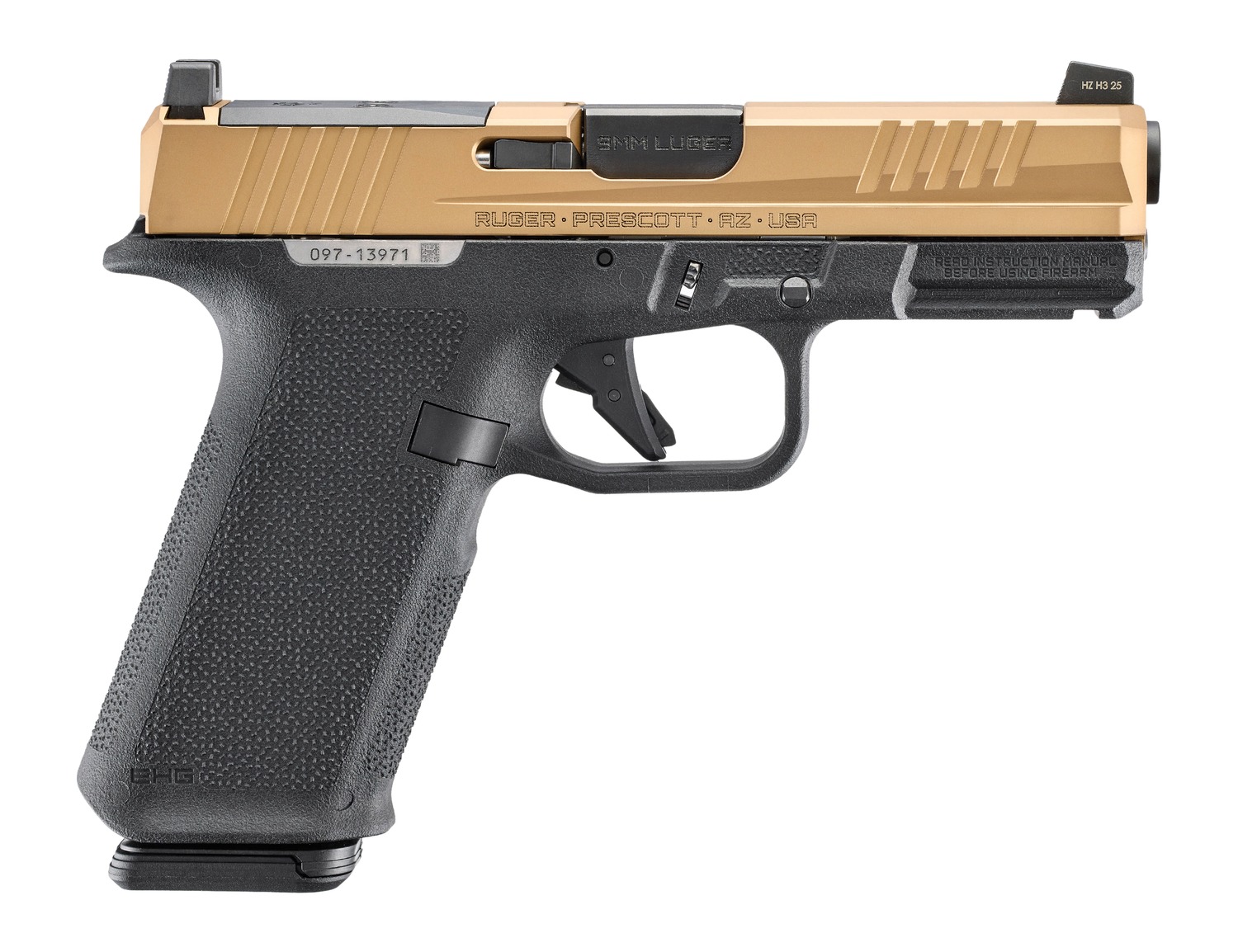Two-tone Ruger semi-automatic pistol on white background