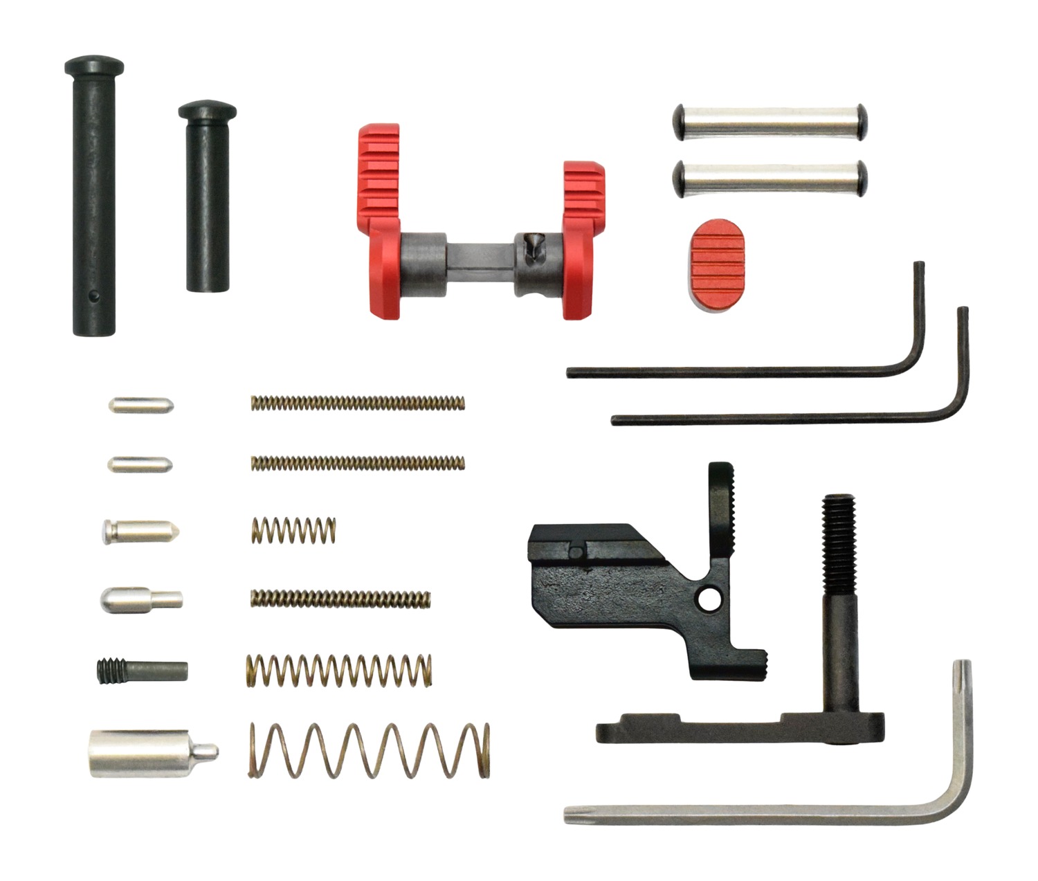 Disassembled firearm components with springs, pins, and tools