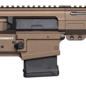 Compact tan rifle with wooden stock and suppressor