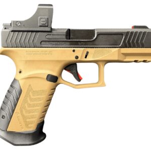 Tan and black 9mm pistol with red-dot sight