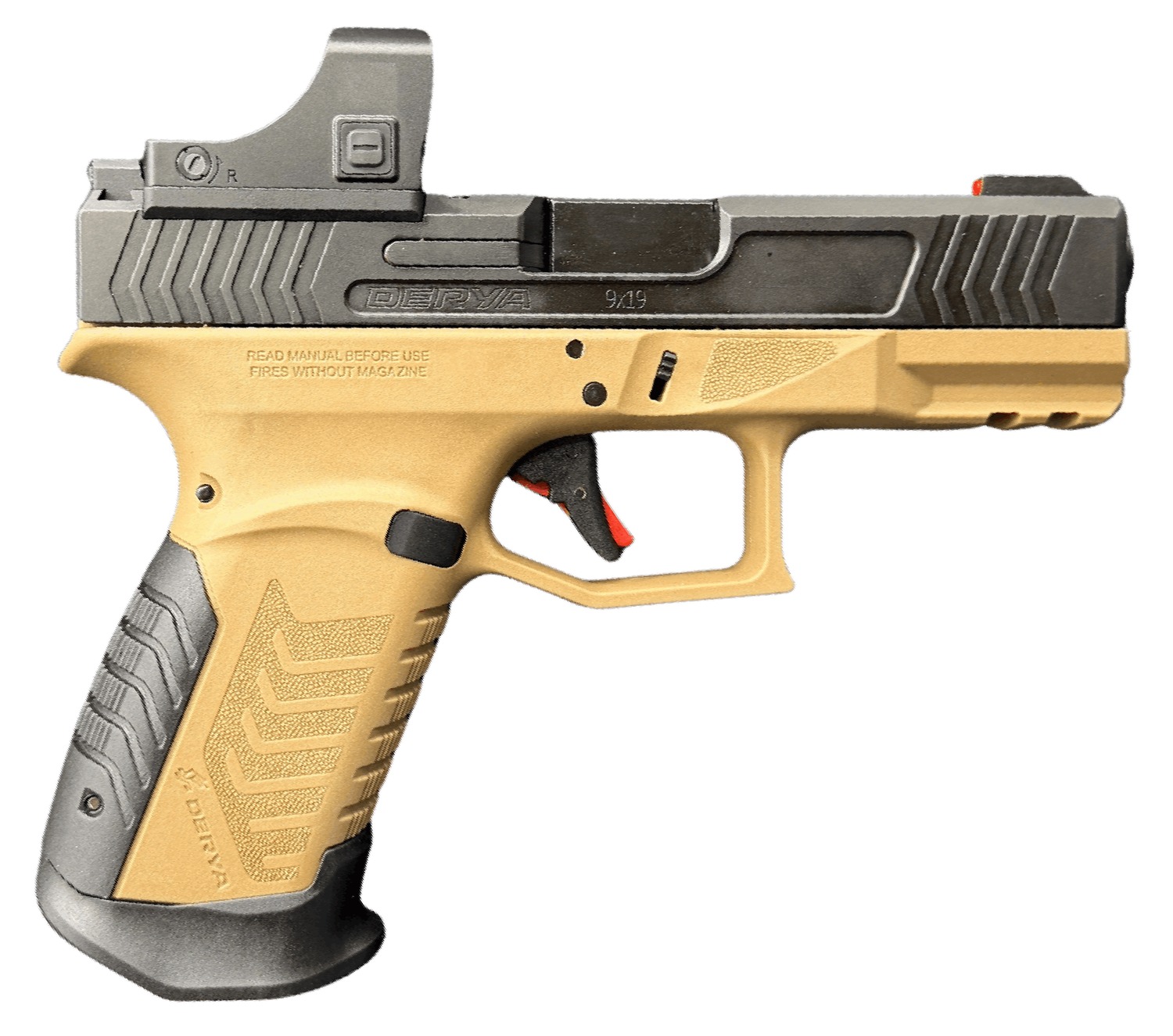 Tan and black 9mm pistol with red-dot sight
