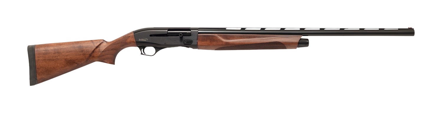 Wood-stock semi-automatic shotgun on white background