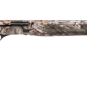 Camouflage-patterned semi-automatic shotgun on white background