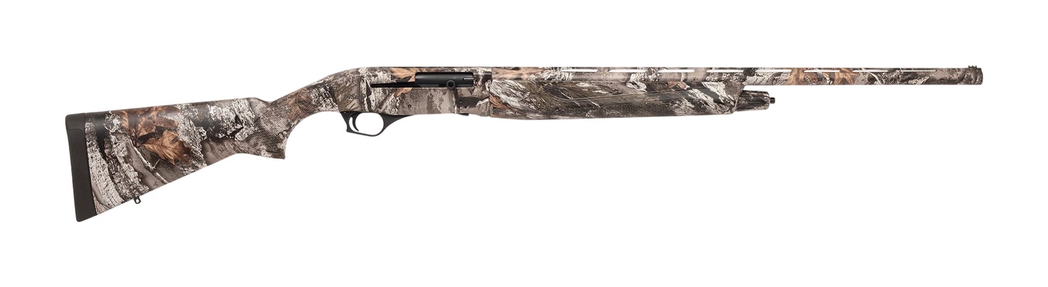 Camouflage-patterned semi-automatic shotgun on white background