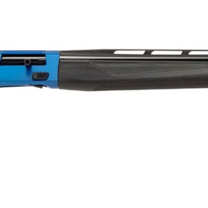 Blue and black semi-automatic shotgun on white background