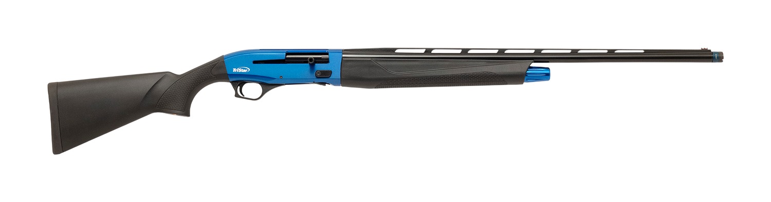 Blue and black semi-automatic shotgun on white background