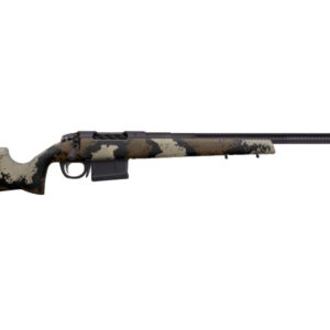 Camouflage bolt-action rifle with long carbon-fiber barrel
