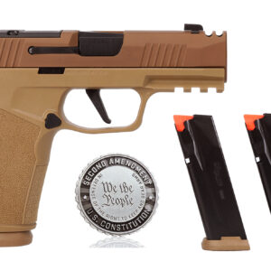 Tan SIG Sauer pistol with two magazines and commemorative coin