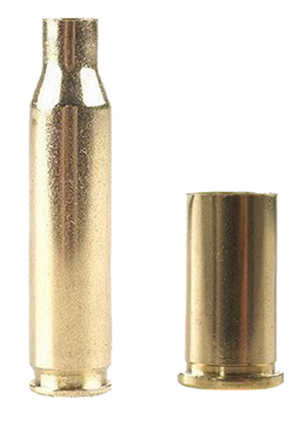 Two brass cartridge cases, one bottlenecked and one straight-walled