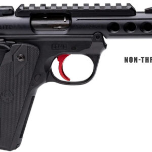 Black tactical pistol with red trigger and non-threaded cap