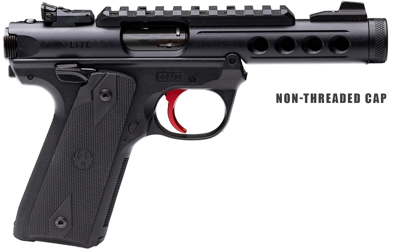 Black tactical pistol with red trigger and non-threaded cap