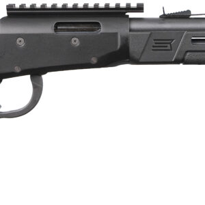 Black tactical rifle with folding stock and rail
