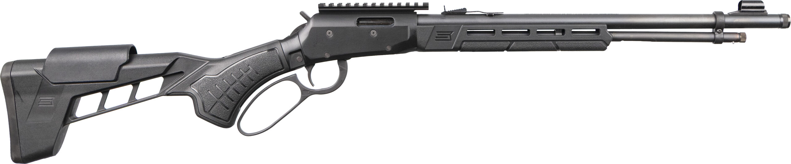 Close-up of a black tactical rifle with bipod