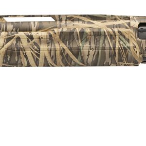 Camouflage-patterned semi-automatic shotgun shown in side profile