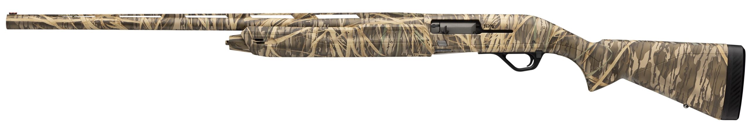 Camouflage-pattern semi-automatic shotgun shown in side profile