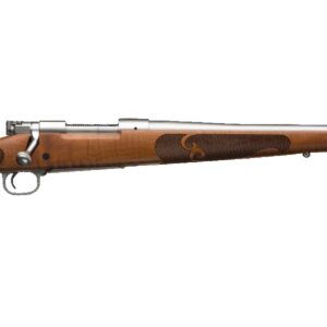 Bolt-action rifle with wooden stock and long barrel