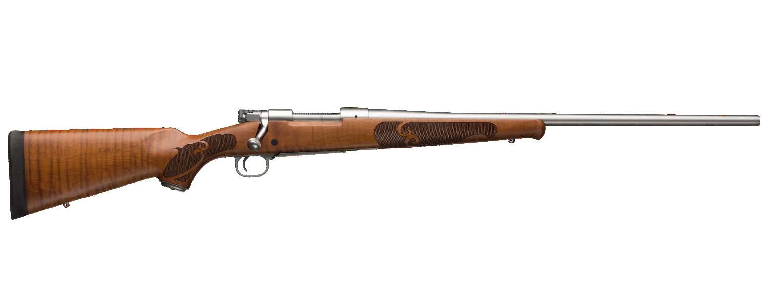 Bolt-action rifle with wooden stock and long barrel