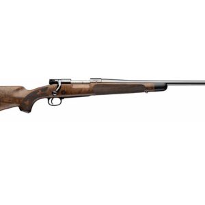 Wood-stocked bolt-action hunting rifle on white background
