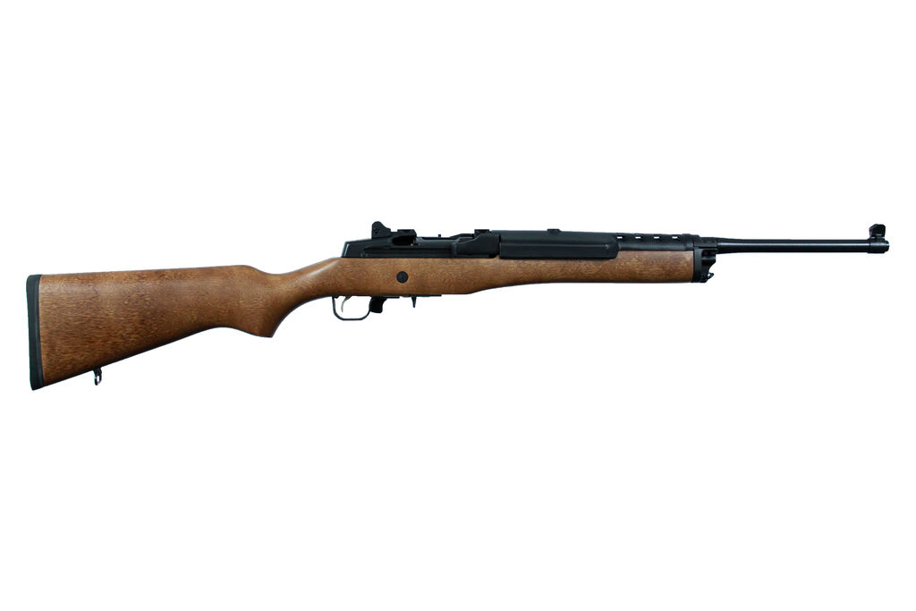 Wood-stocked semi-automatic rifle isolated on white background