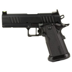 Black semi-automatic pistol side view on white background