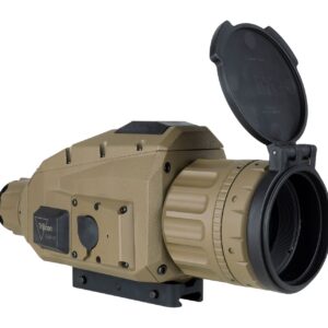 Tan Trijicon thermal rifle scope with open lens cap