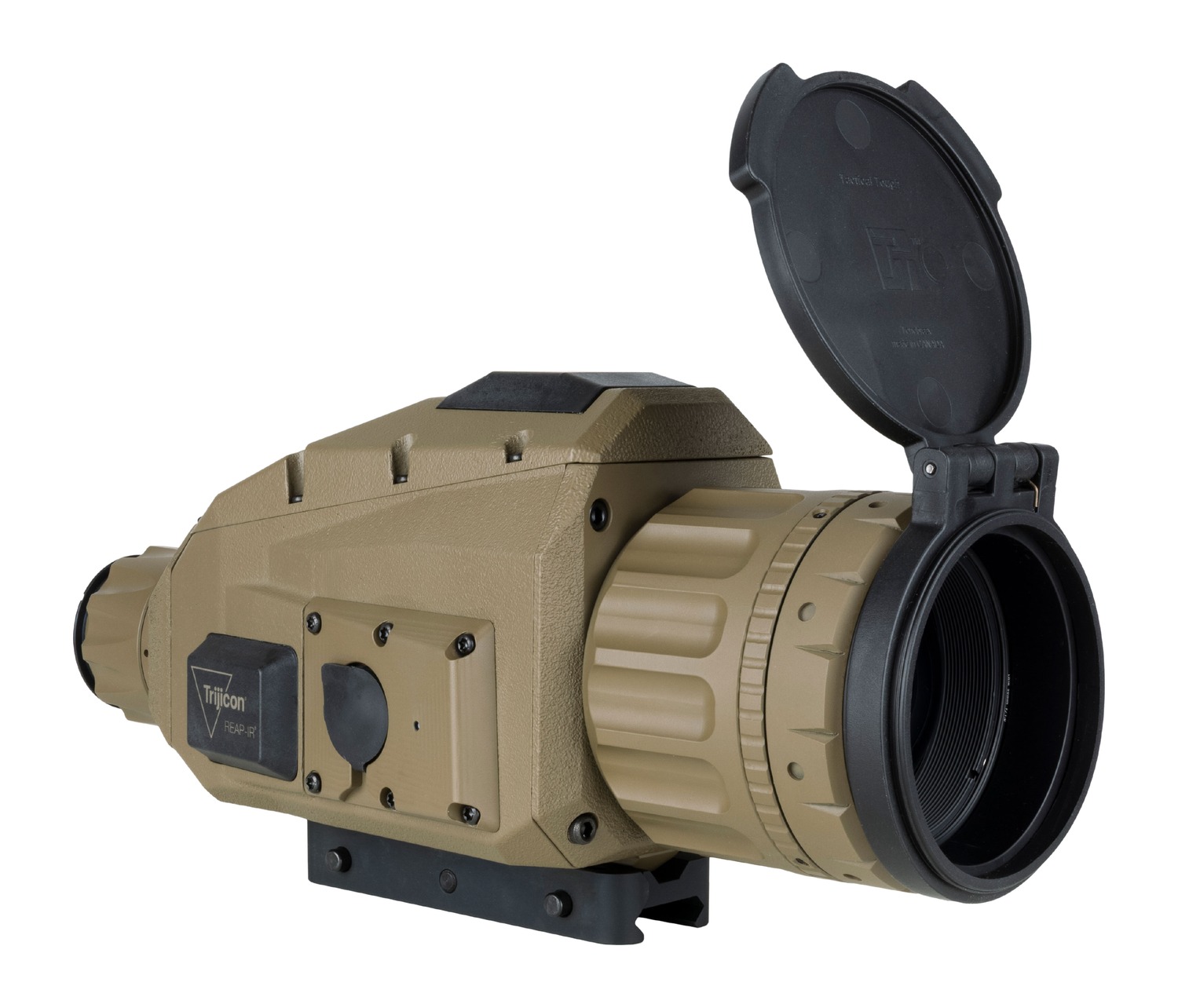 Tan Trijicon thermal rifle scope with open lens cap