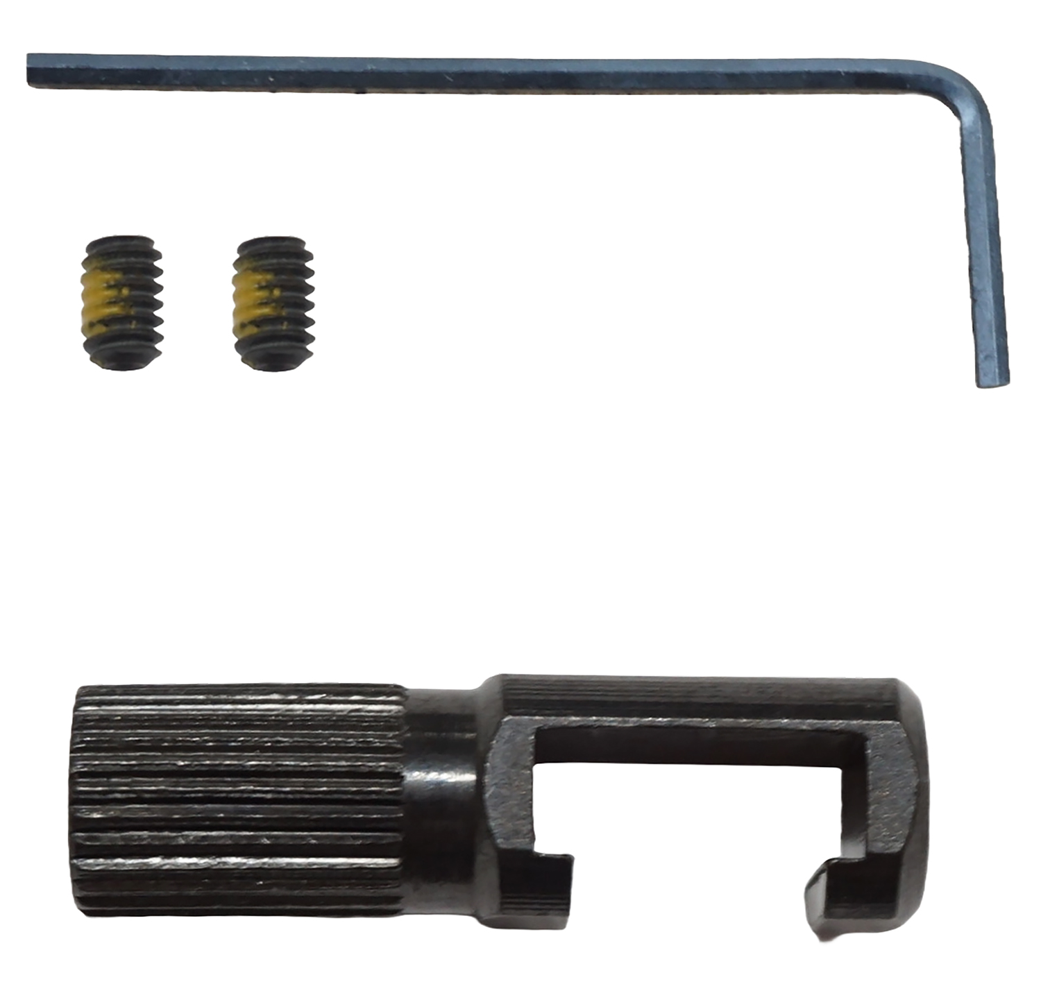 Knurled metal clamp, set screws, and Allen key