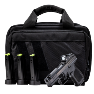 Black handgun, three magazines, and carrying case
