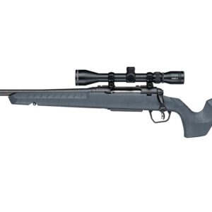 Black bolt-action rifle with mounted scope on white background