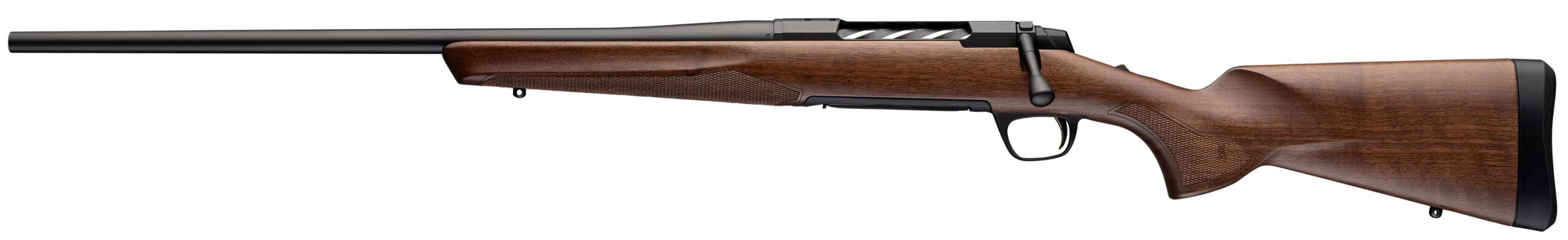 Side view of bolt-action rifle with wooden stock