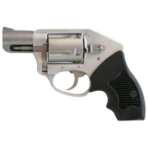 Compact silver revolver with black grip on white background