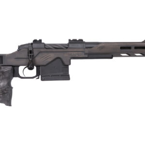 Black bolt-action precision rifle on white background