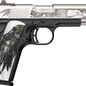Silver engraved 1911-style handgun with eagle artwork