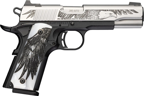 Engraved silver and black 1911-style handgun with eagle artwork
