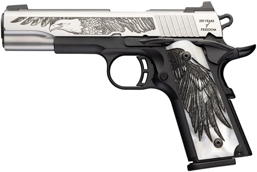 Engraved eagle-themed semi-automatic pistol with silver and black finish