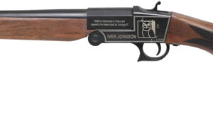 Wood-stocked lever-action rifle with long barrel
