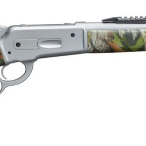 Camouflage-stock lever-action rifle with silver receiver and barrel