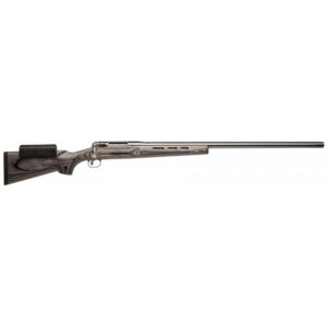 Bolt-action rifle with laminated wood stock and long barrel