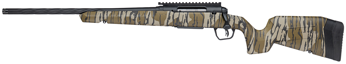 Camouflage-pattern bolt-action hunting rifle on white background