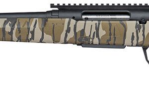 Camouflage-pattern bolt-action hunting rifle with scope rail