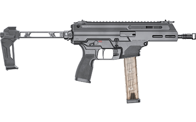 Gray compact tactical firearm with folding stock and translucent magazine