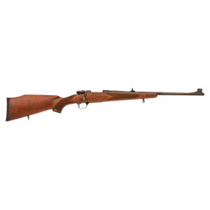 Side view of a wooden-stock bolt-action rifle