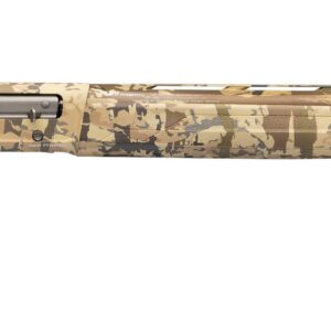 Camouflage-pattern semi-automatic shotgun shown in side profile