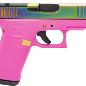 Pink toy blaster with rainbow metallic upper frame