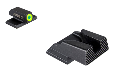 Black pistol sight with bright green alignment dot