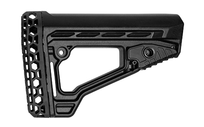 Black adjustable tactical rifle stock with skeletonized buttpad