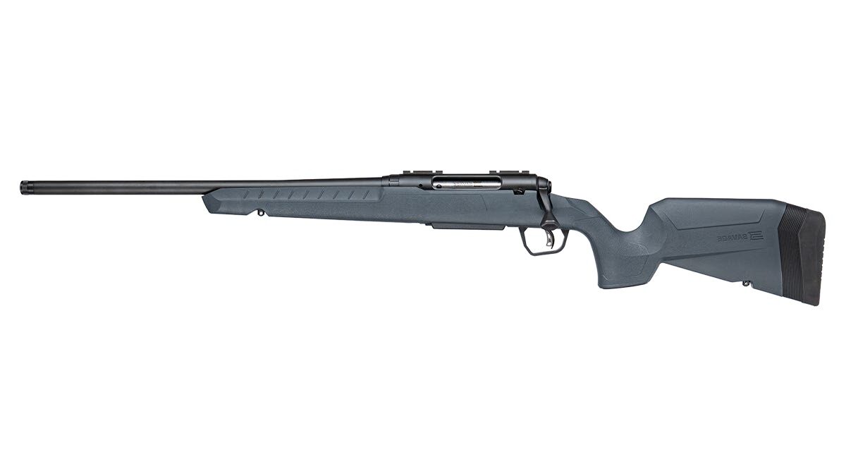 Black bolt-action rifle with synthetic stock on white background