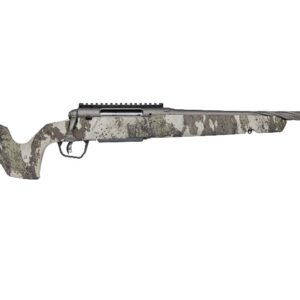 Camouflage bolt-action hunting rifle on white background