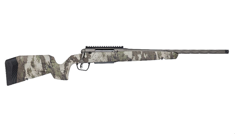 Camouflage bolt-action hunting rifle on white background