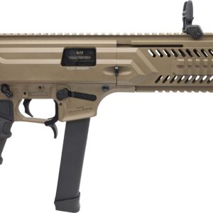 Tan 9mm rifle-style firearm with black magazine and sights